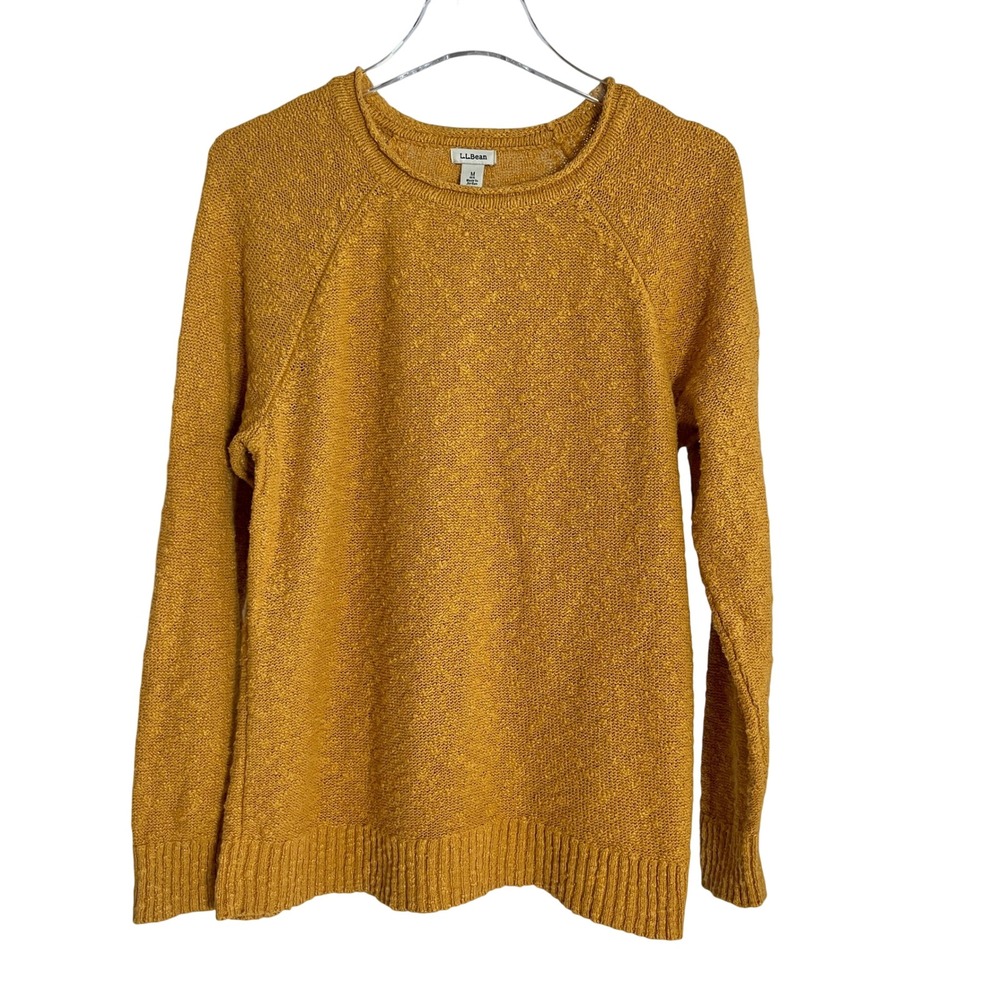 LL Bean Womens Mustard Gold Cotton Textured Knit Raglan Sweater 506299 Medium